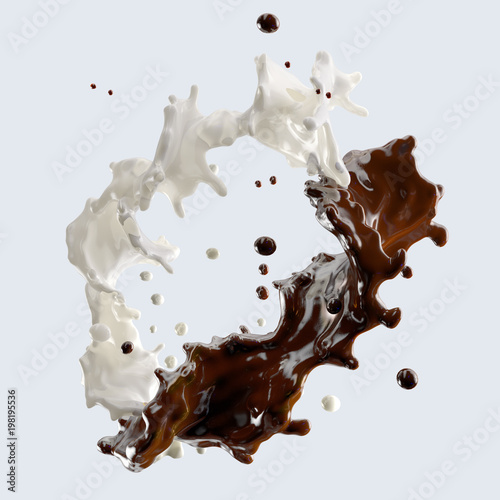 Chocolate and milk splashing with droplets isolated. 3D illustration