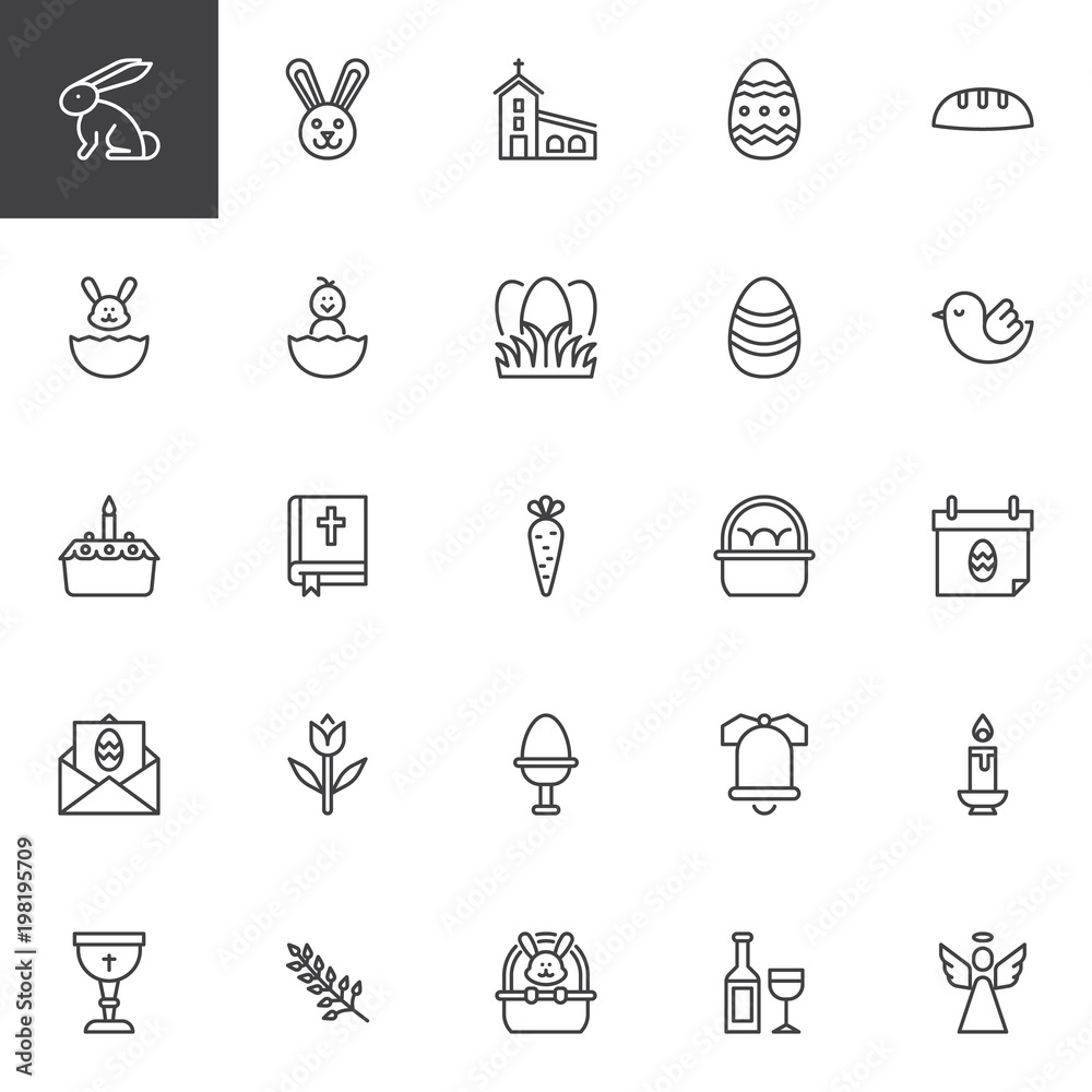 Easter holiday outline icons set. linear style symbols collection, line signs pack. vector graphics. Set includes icons as rabbit, easter bunny, church building, egg, bible book, holy Angel, religion