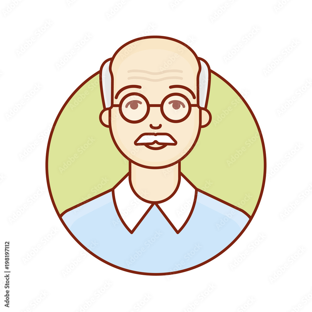 The face of an old man. Portrait of a pensioner. Elderly. Avatar of the grandfather. Professor . Vector linear illustration