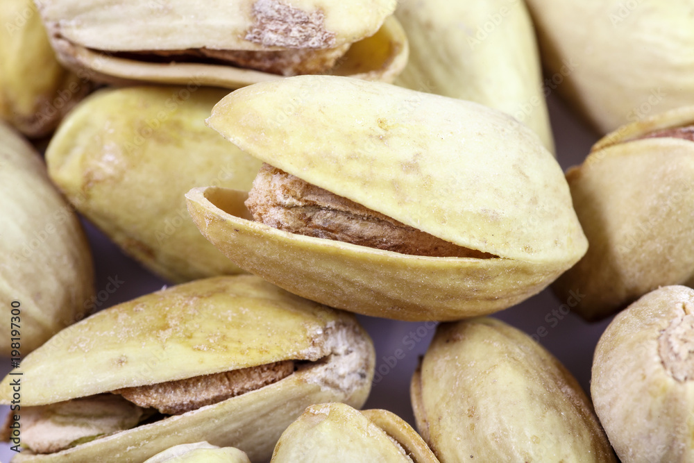 Pistachio nuts in the shell close-up macro