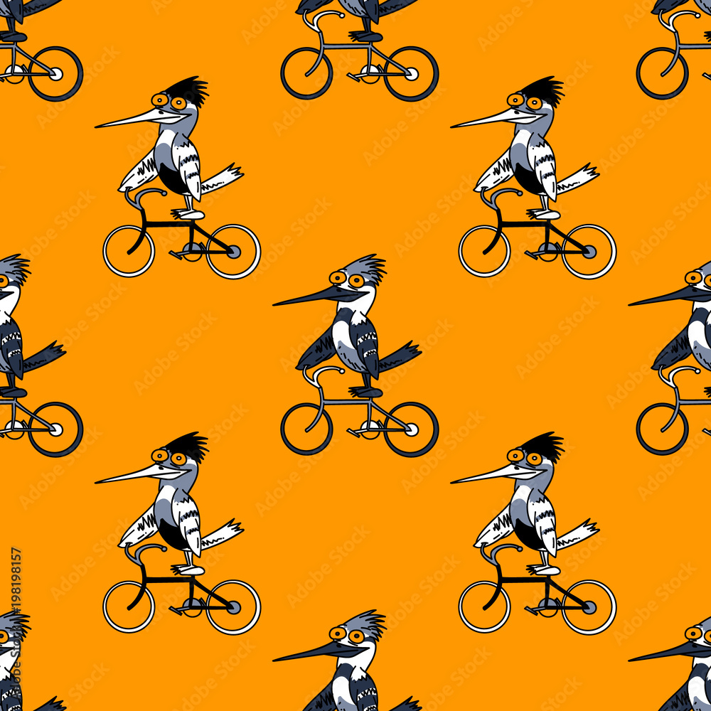 Obraz premium Funny bird riding bicycle seamless pattern. Original design for print or digital media.