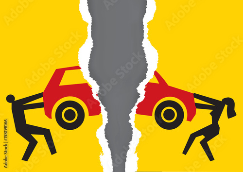 Division of property at divorce, car .
A divorced couple ripping paper with the symbol of the car. Vector available. 