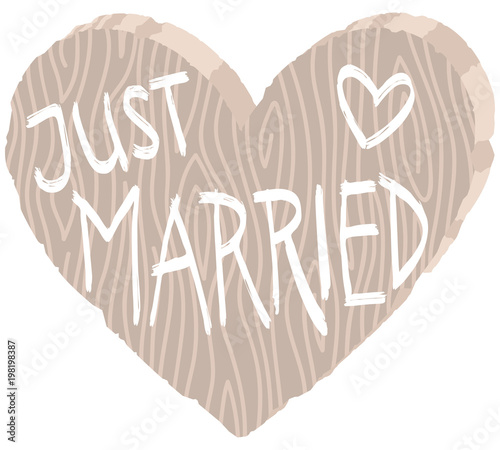 Vector illustration of light gray wooden heart with Just married written on it isolated on white background