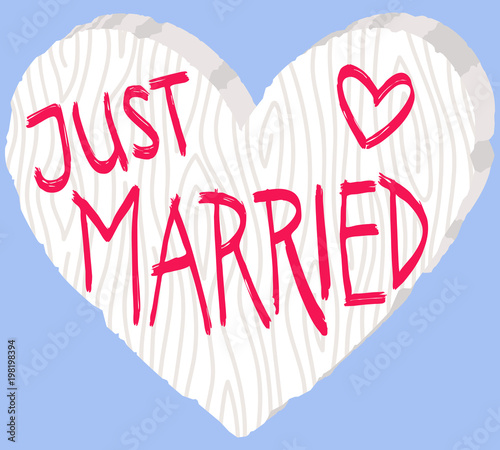 Vector illustration of white wooden heart with Just married written on it isolated on blue background, perfect for wedding invitations