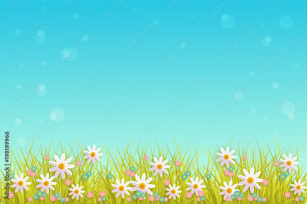 Spring grass and flowers border on blue sky background with empty space for text - greeting card decoration element for Easter congratulation. Cartoon vector illustration.