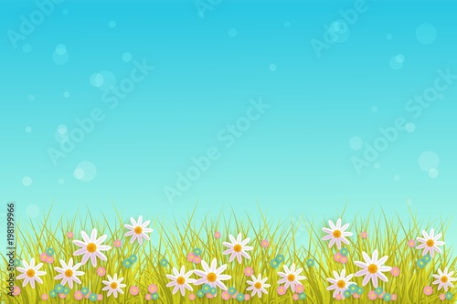 Spring grass and flowers border on blue sky background with empty space for text - greeting card decoration element for Easter congratulation. Cartoon vector illustration.
