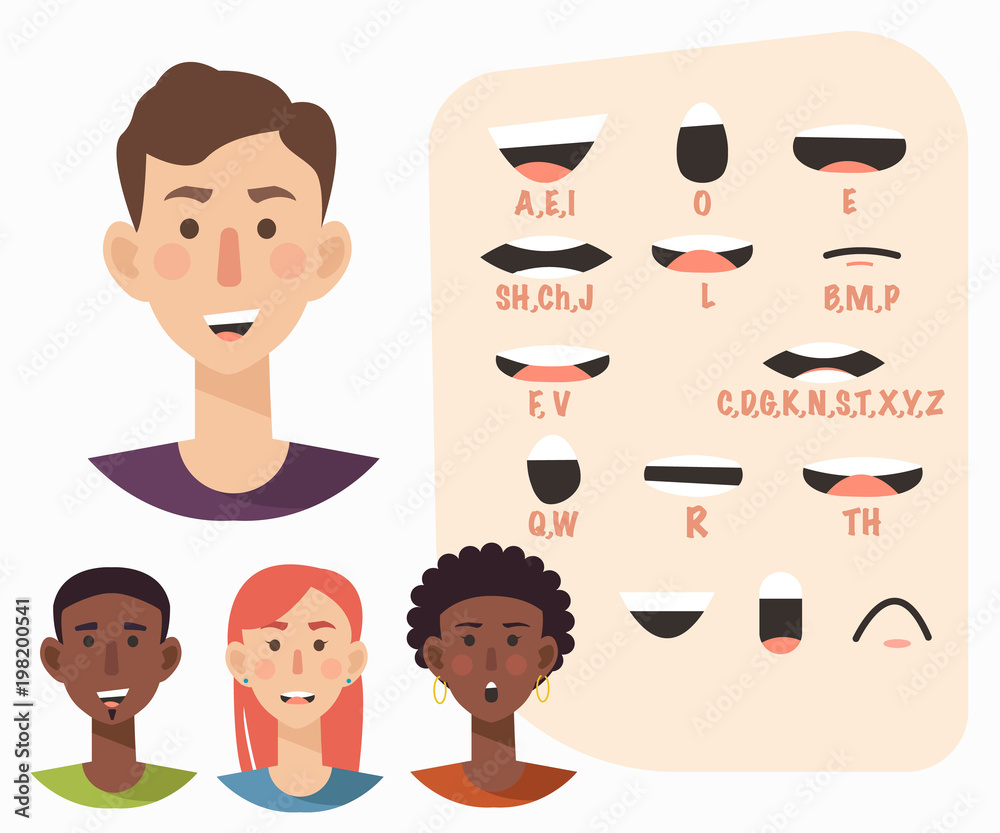 Fototapeta premium Lip sync collection for animation. Casual man,woman. Flat style vector illustration 