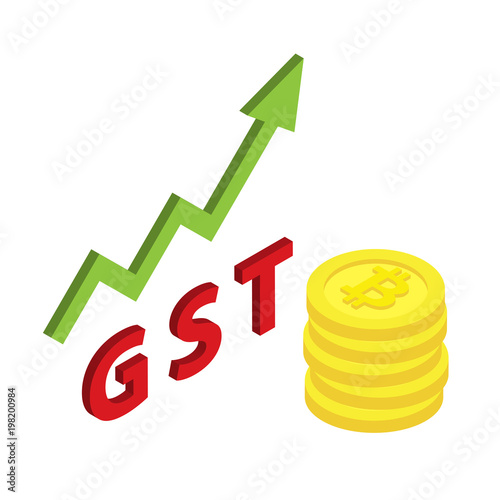 Bitcoin isometric symbol with increasing of goods and service tax (GST), isolated vector illustration