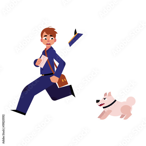 Cartoon postman cheerful character running away with fear from angry dog holding letter mail loosing peaked cap. Man in professional blue uniform . Delivery service worker mailman. Vector illustration