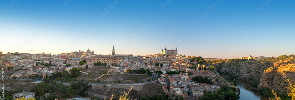 Panoramic landscape of Toledo old town in sunrise time, Spain.