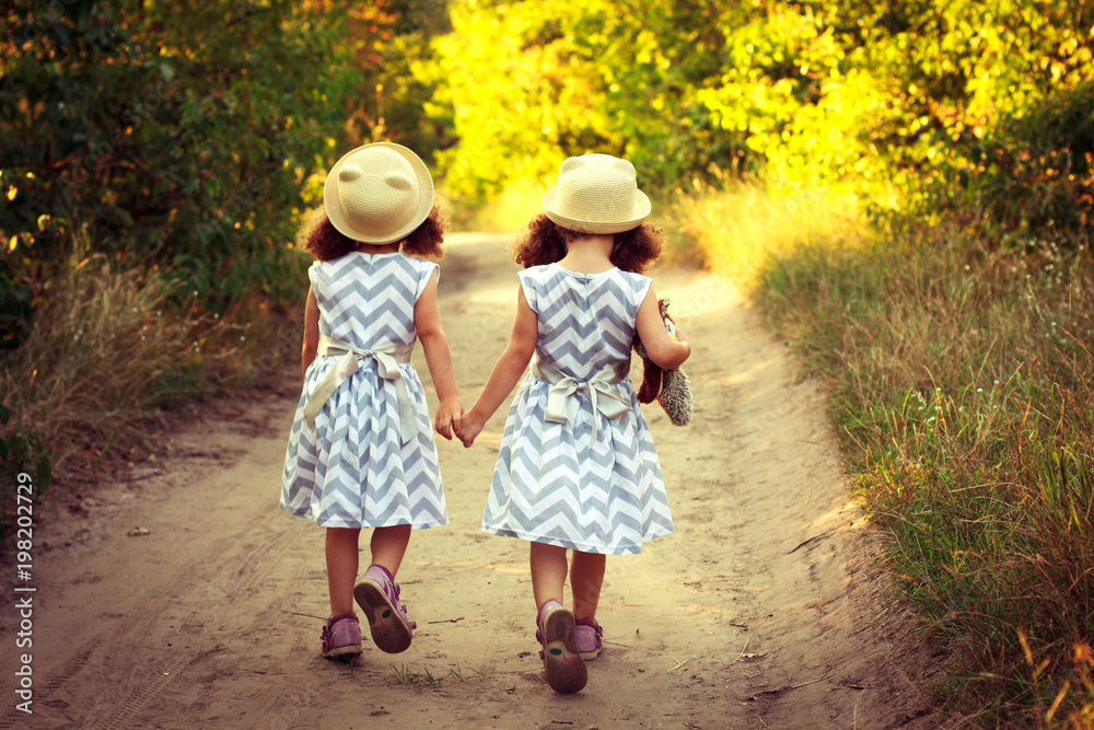 Back view of little girls sisters twins holding hands. Love, happy ...