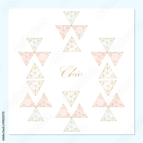 Trendy Chic pastel colored card with Gold geometric shapes. Creative elegant design for wedding invitation cards, business cards, fashion headers, posters, anniversary, birthday, save the date. Vector