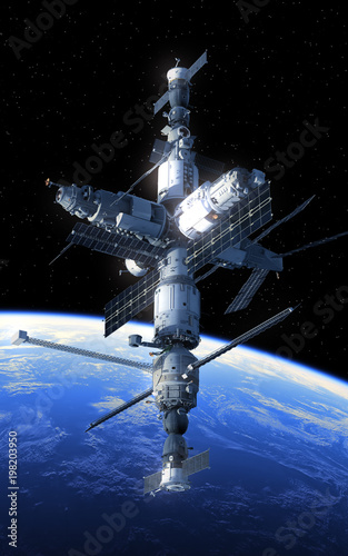 Fototapeta Naklejka Na Ścianę i Meble -  Space Station Orbiting Blue Planet