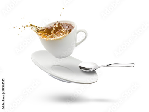 cup of tea with saucer flying and splashing, on white background