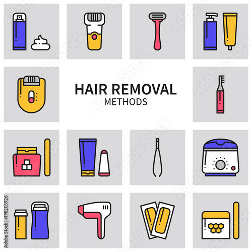 Hair removal methods line icons set. Shaving sugaring laser waxing epilation depilation tweezing. Squares.