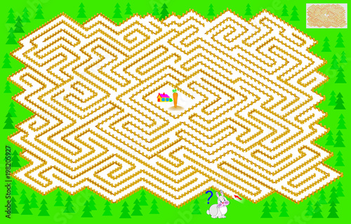 Logic puzzle game with labyrinth for children and adults. Help the rabbit find the way till the carrot. Vector image.