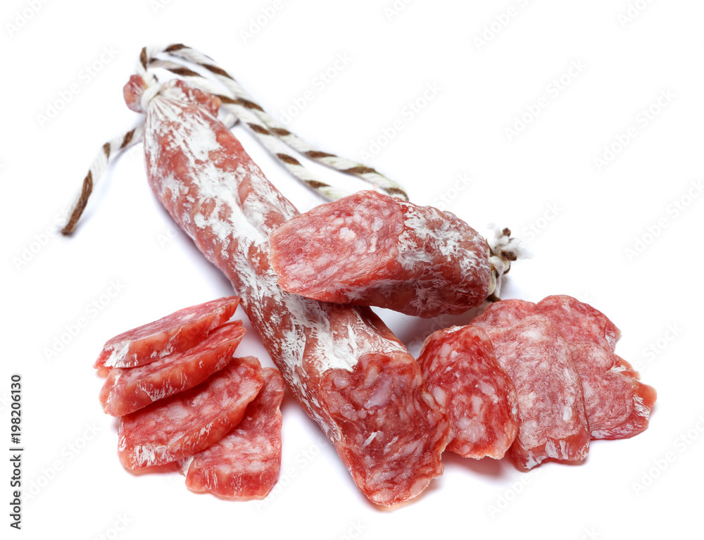 Dried organic salami sausage on white background Dried organic salami sausage on white background