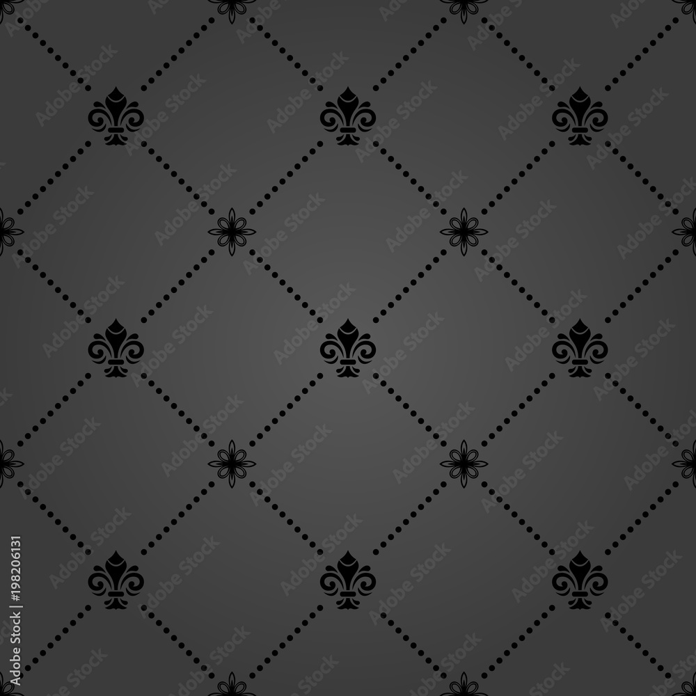 Naklejka premium Seamless dark pattern. Modern geometric ornament with royal lilies. Classic vintage background
