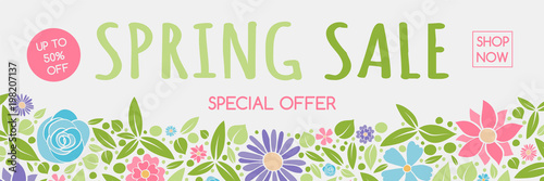 Concept of a header with colorful flowers for Spring Sale. Vector.
