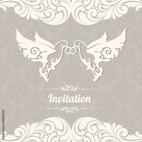 Couple of doves with rings on background with lace pattern. Two white abstract birds. 