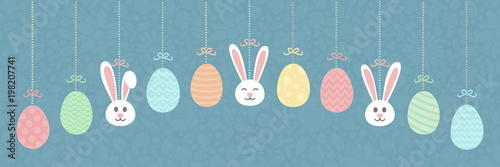 Hand drawn bunnies and eggs - hanging Easter decoration. Vector.