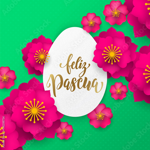 Spanish Happy Easter greeting card of egg paper cut and flowers pattern for Easter Hunt holiday celebration. Vector papercut floral design with gold text for Easter poster or web banner