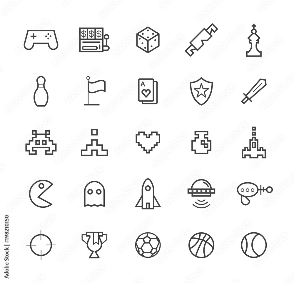 Set of Quality Universal Standard Minimal Simple Black Thin Line Games Icons on White Background Set of Quality Universal Standard Minimal Simple Black Thin Line Games Icons on White Background