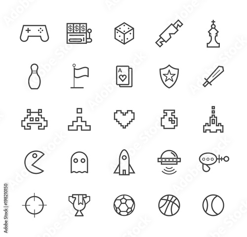 Set of Quality Universal Standard Minimal Simple Black Thin Line Games Icons on White Background 