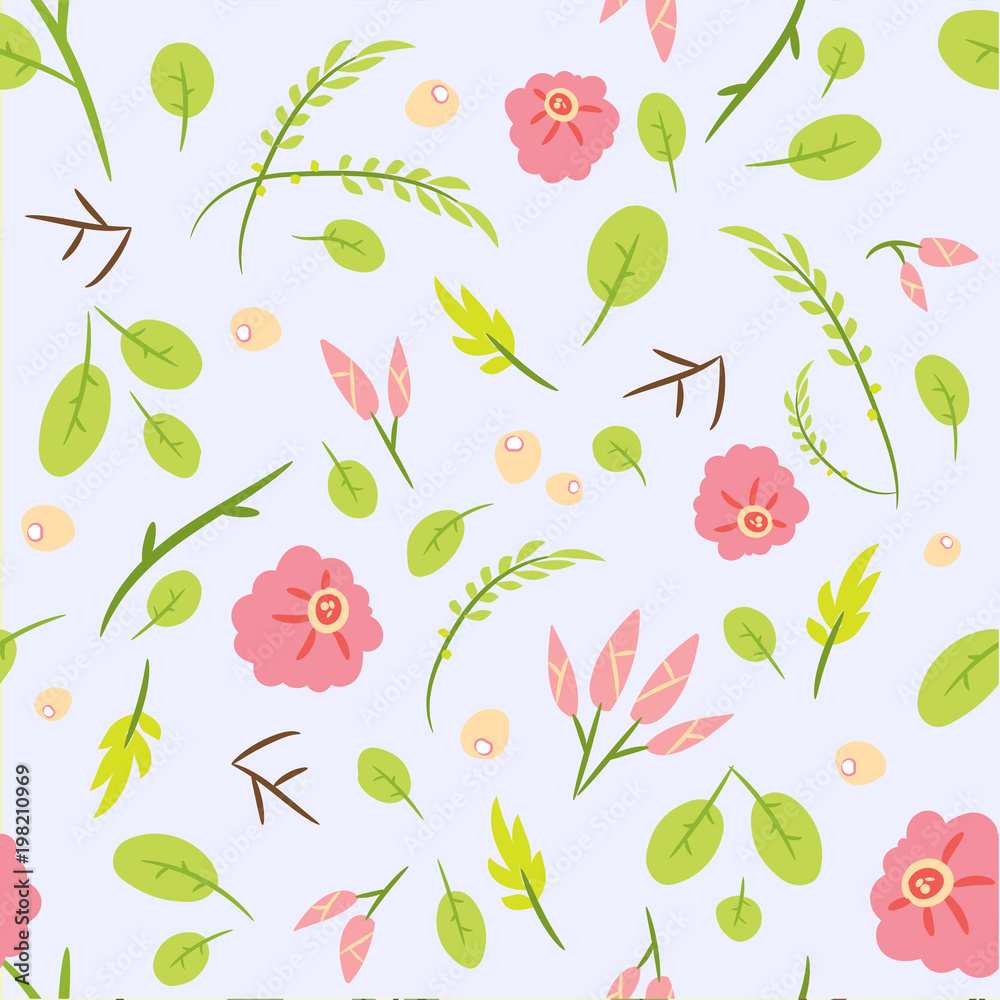 Seamless pattern with leaves and pink roses. Botanical floral backdrop. Flat illustration. Seamless pattern with leaves and pink roses. Botanical floral backdrop. Flat illustration.
