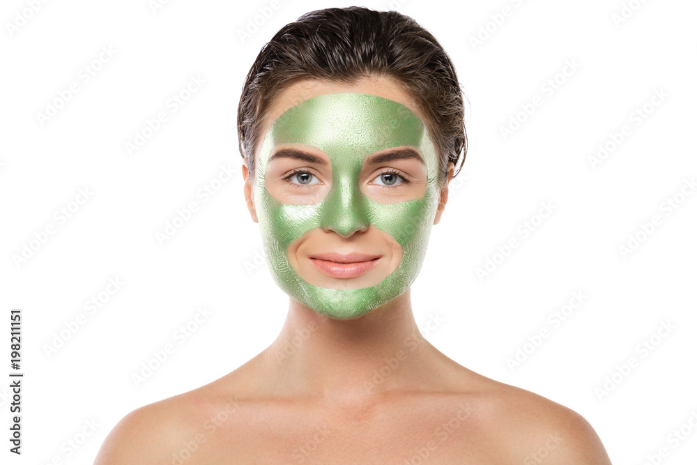 Woman with green peel-off mask on her face