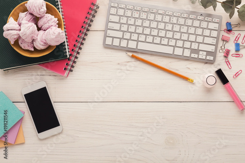 Working space with keyboard on white background
