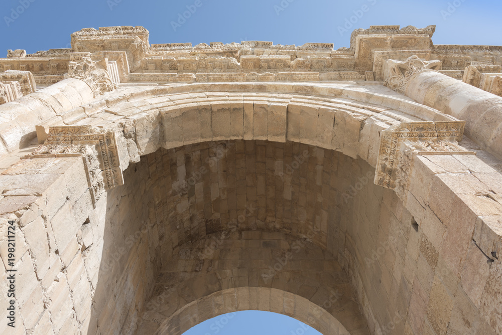 Bottom view of South Gate in the ancient town of Jerash, Jordan
