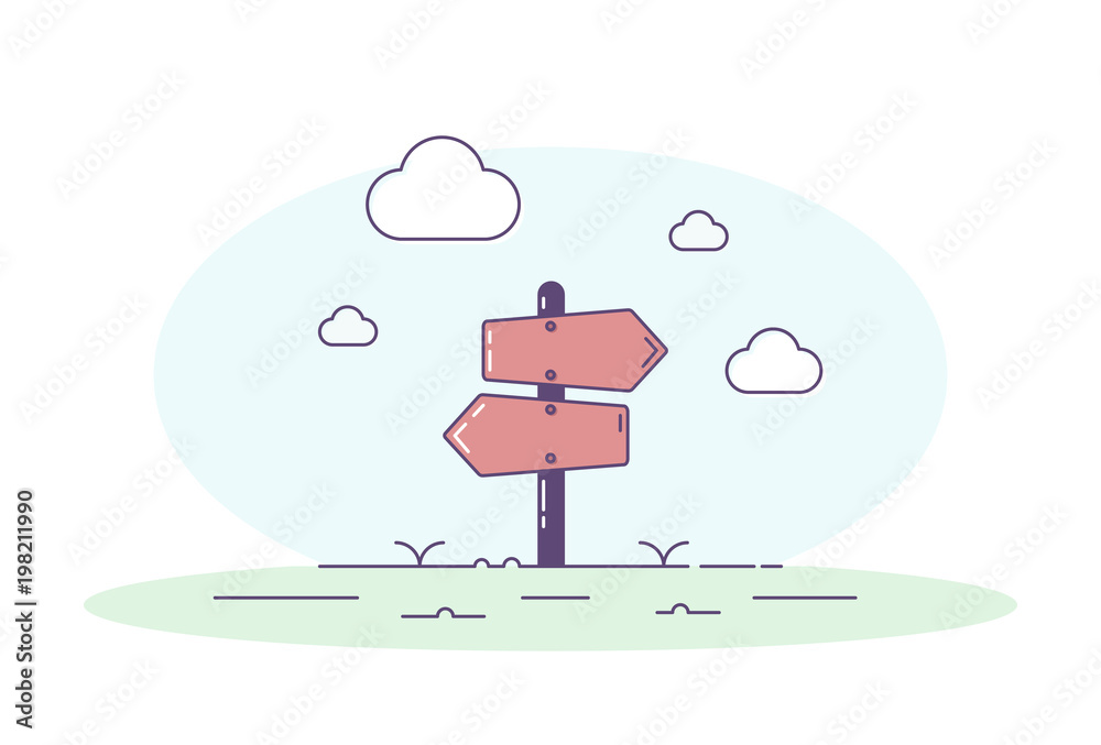 empty wooden signpost cartoon illustration template. Vector drawing with direction post, sky, grass and clouds empty wooden signpost cartoon illustration template. Vector drawing with direction post, sky, grass and clouds