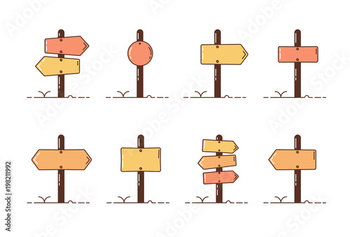 Collection set of wooden direction posts. Vector illustration icons with different roadpost styles. photo