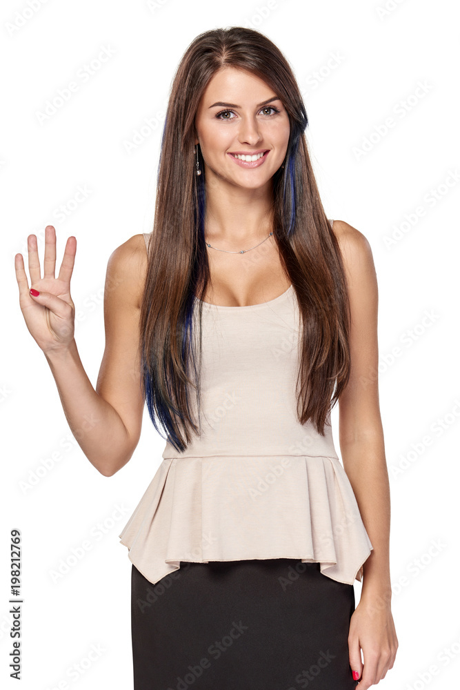Hand counting - four fingers. Happy woman indicating the number four with her fingers Hand counting - four fingers. Happy woman indicating the number four with her fingers