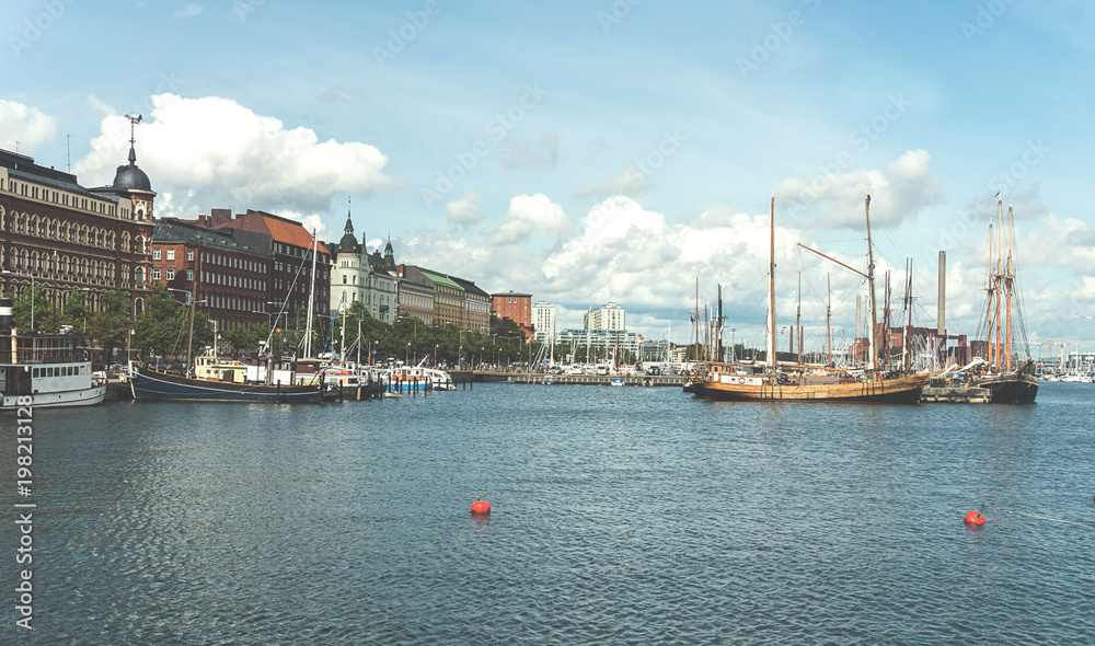 Ships and yachts moored in the harbor, Helsinki, Finland