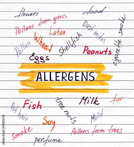 Different allergens written on lined paper.