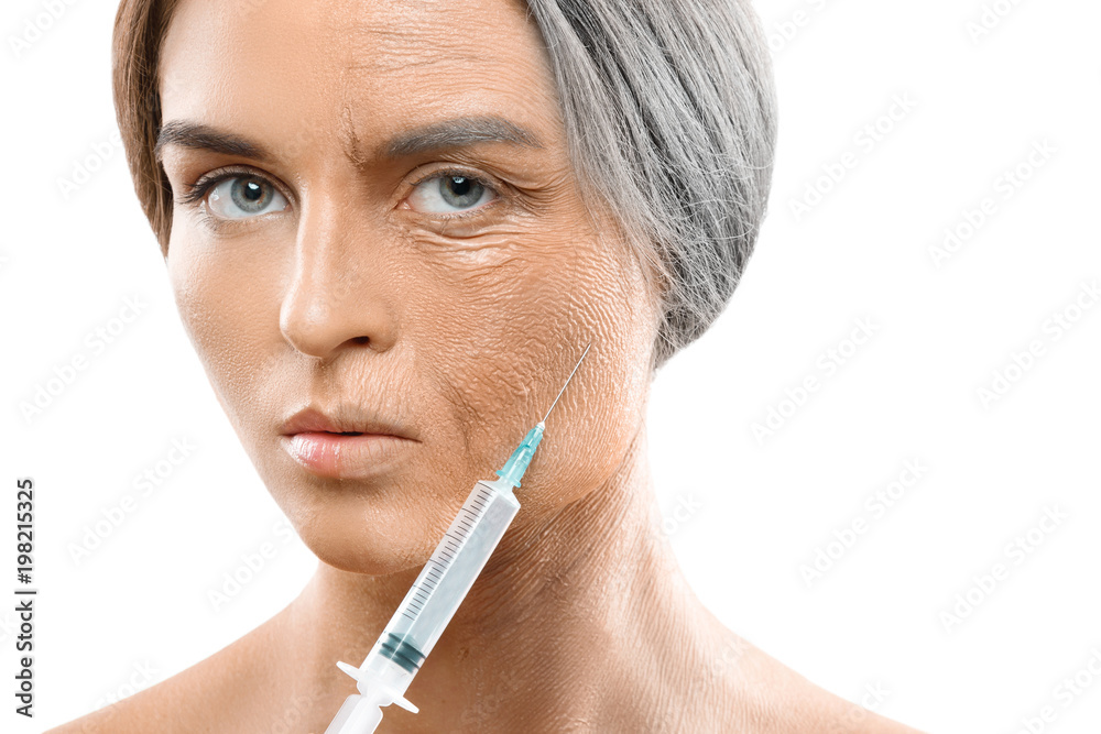 Young and old face comparison. Woman with syringe. Young and old face comparison. Woman with syringe.
