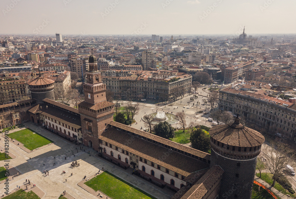 Aerial view of Sforzesco Castle in Milan