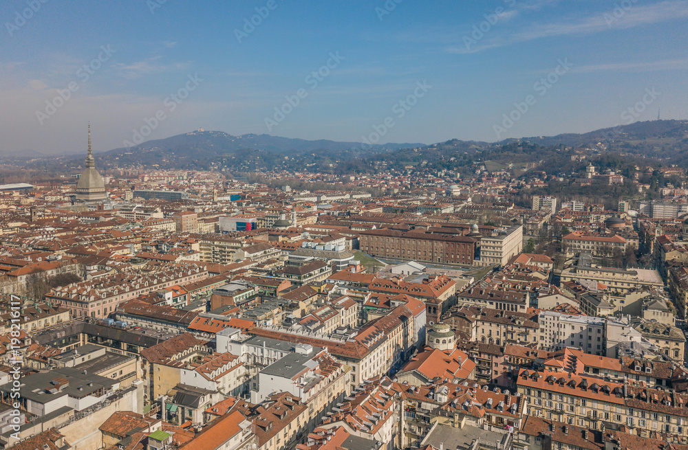 Aerial view of Turin city at sunny day
