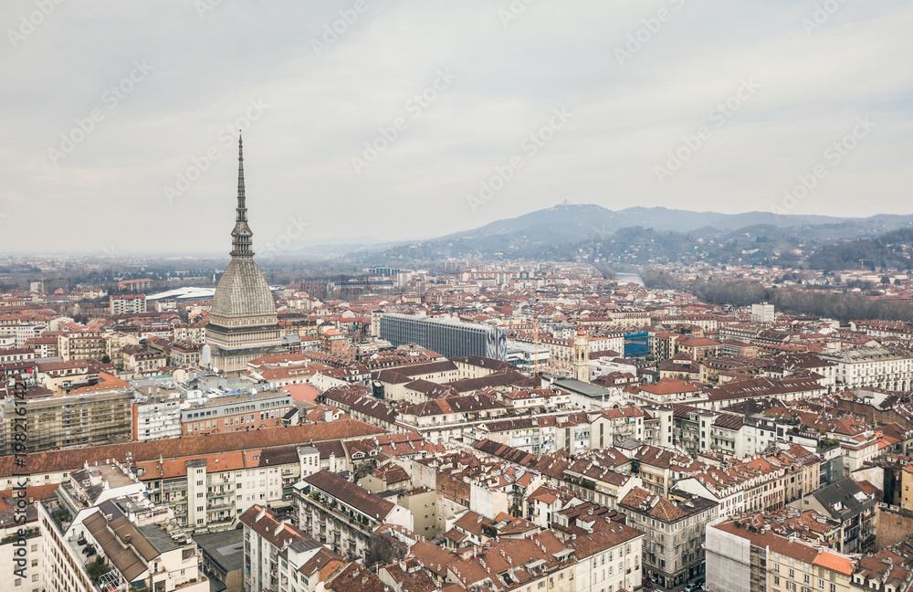 Aerial view of Mole Antonelliana in Turin
