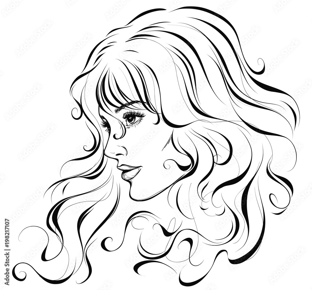 Sketch of a cute girl with beautiful curly hair. Vector illustration Stock  Vector | Adobe Stock