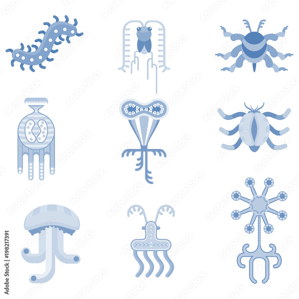 Naklejka premium Simplest microorganisms. Science of studying bacteria and viruses. Flat vector cartoon illustration. Objects isolated on white background.
