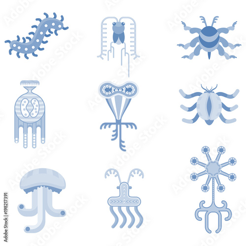 Simplest microorganisms. Science of studying bacteria and viruses. Flat vector cartoon illustration. Objects isolated on white background.