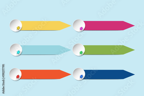 Colorful rectangle pointed labels with circles and puzzle design.