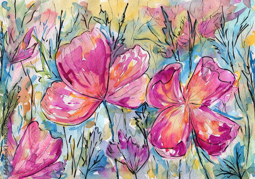 Abstract pink flowers on meadow. Watercolor and marker.