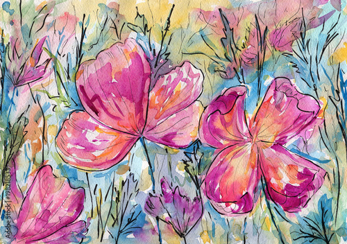 Abstract pink flowers on meadow. Watercolor and marker.