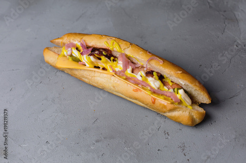 Hot Dog on a gray, concrete background.