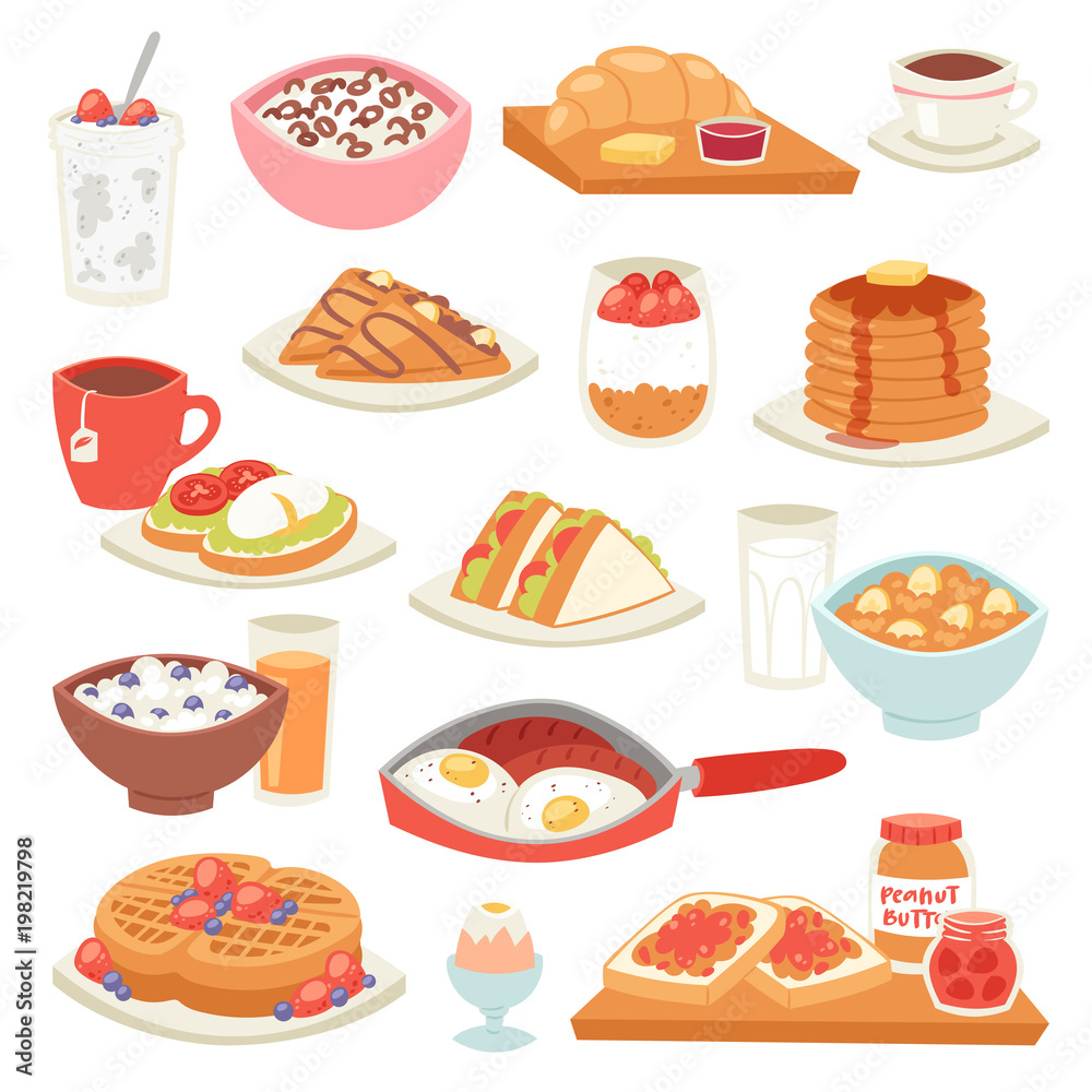 Breakfast vector coffee and fried eggs with sweet dessert in the morning illustration set of healthy food porridge or cereal and croissant on coffeebreak isolated on white background Breakfast vector coffee and fried eggs with sweet dessert in the morning illustration set of healthy food porridge or cereal and croissant on coffeebreak isolated on white background