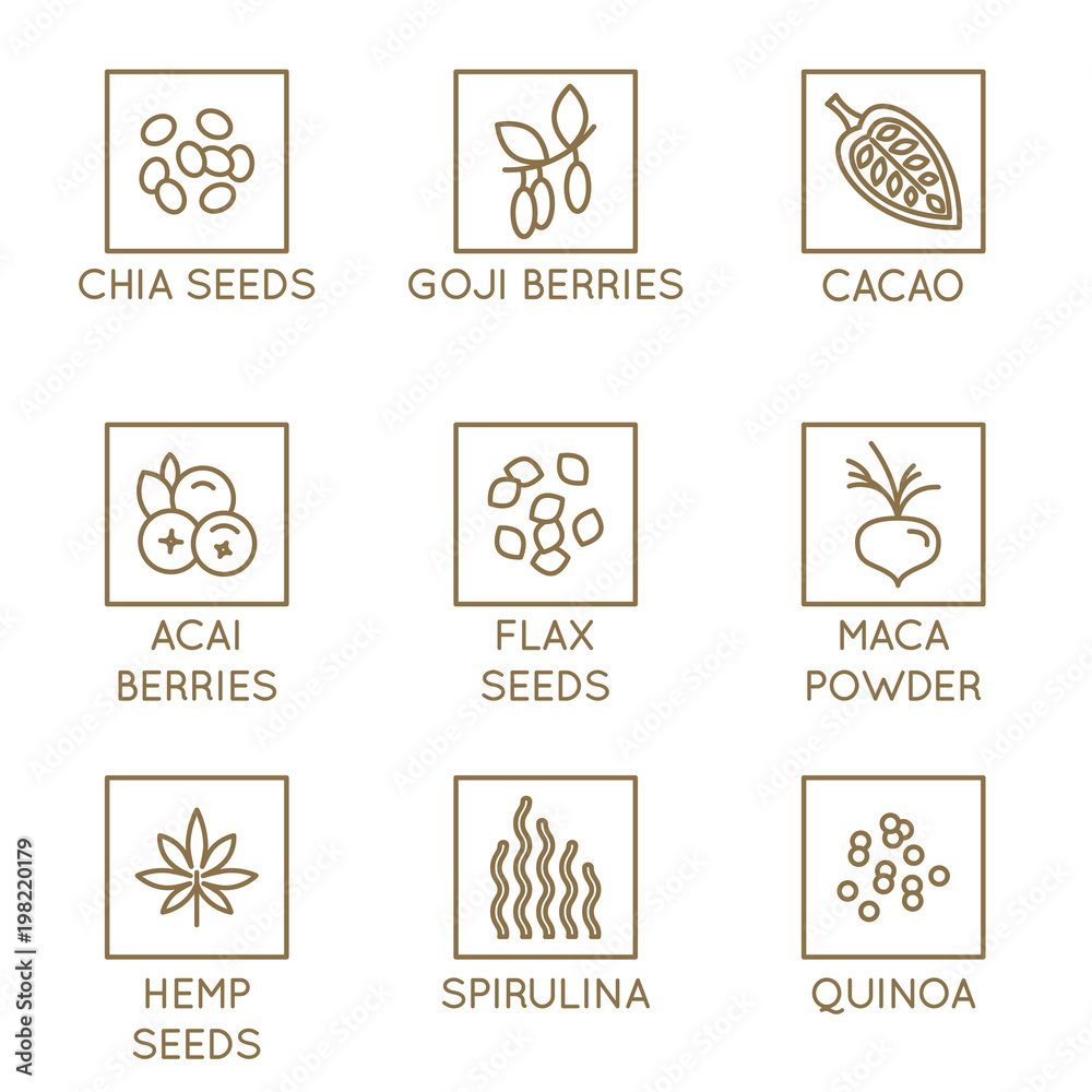 Vector set of design elements and icons for food and smotthie packaging - superfood badges Vector set of design elements and icons for food and smotthie packaging - superfood badges